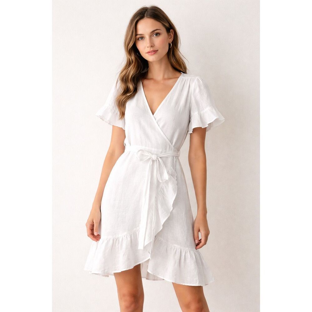 GAP White Linen Wrap Dress Ruffle Hem Short Sleeve Women’s L